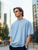 Men's Chambray Blue Solid Round Neck Oversized Half Sleeve Cotton T-Shirt