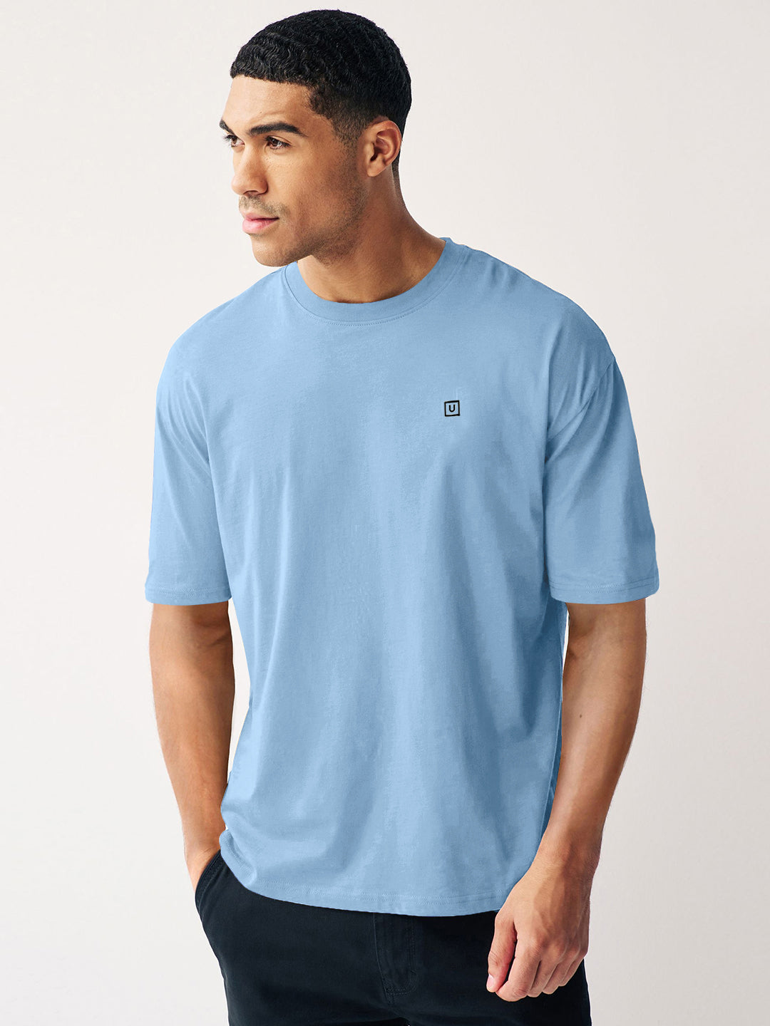 Men's Chambray Blue Solid Round Neck Oversized Half Sleeve Cotton T-Shirt