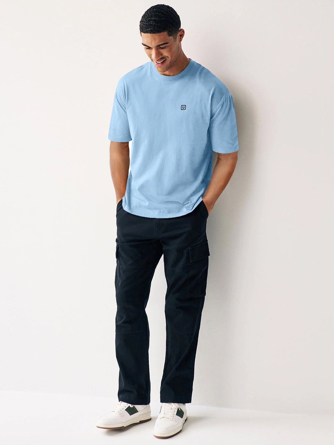 Men's Chambray Blue Solid Round Neck Oversized Half Sleeve Cotton T-Shirt
