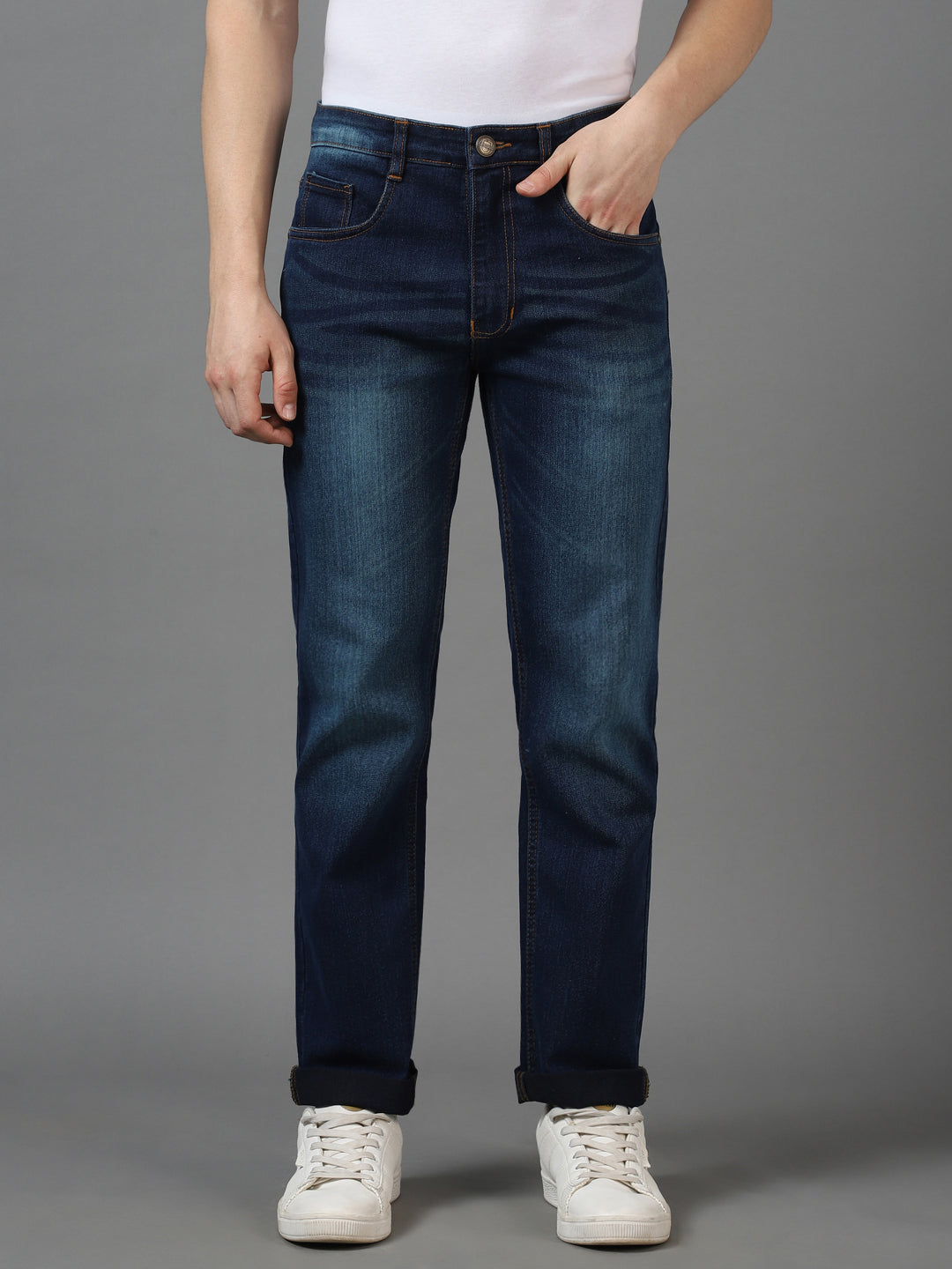 Men's Blue Regular Fit Washed Jeans Stretchable