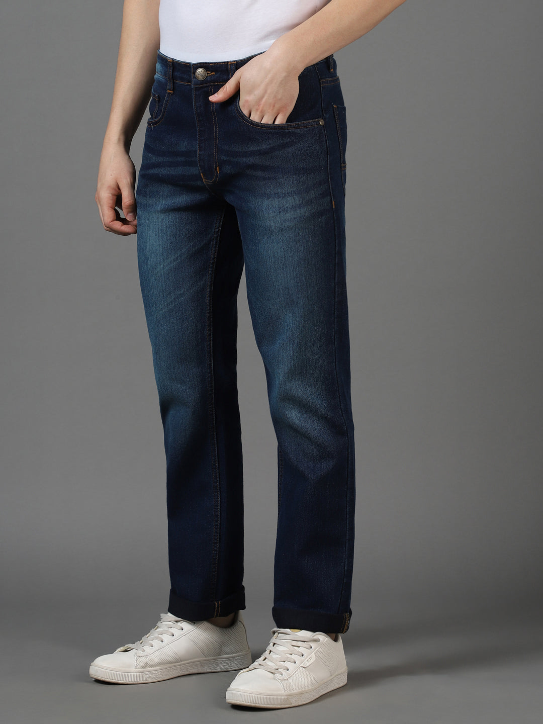 Men's Blue Regular Fit Washed Jeans Stretchable