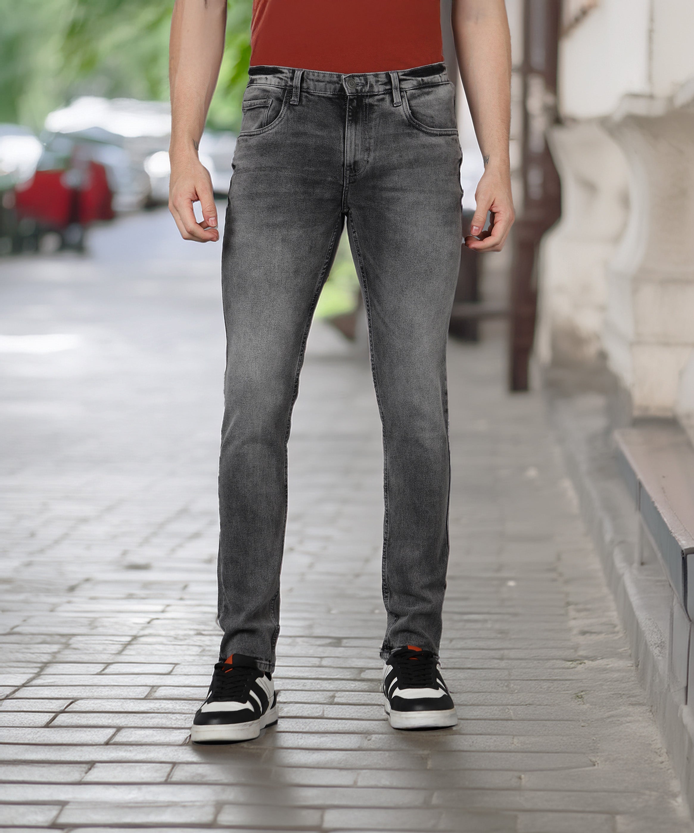 Men's Grey Slim Fit Washed Jeans Stretchable