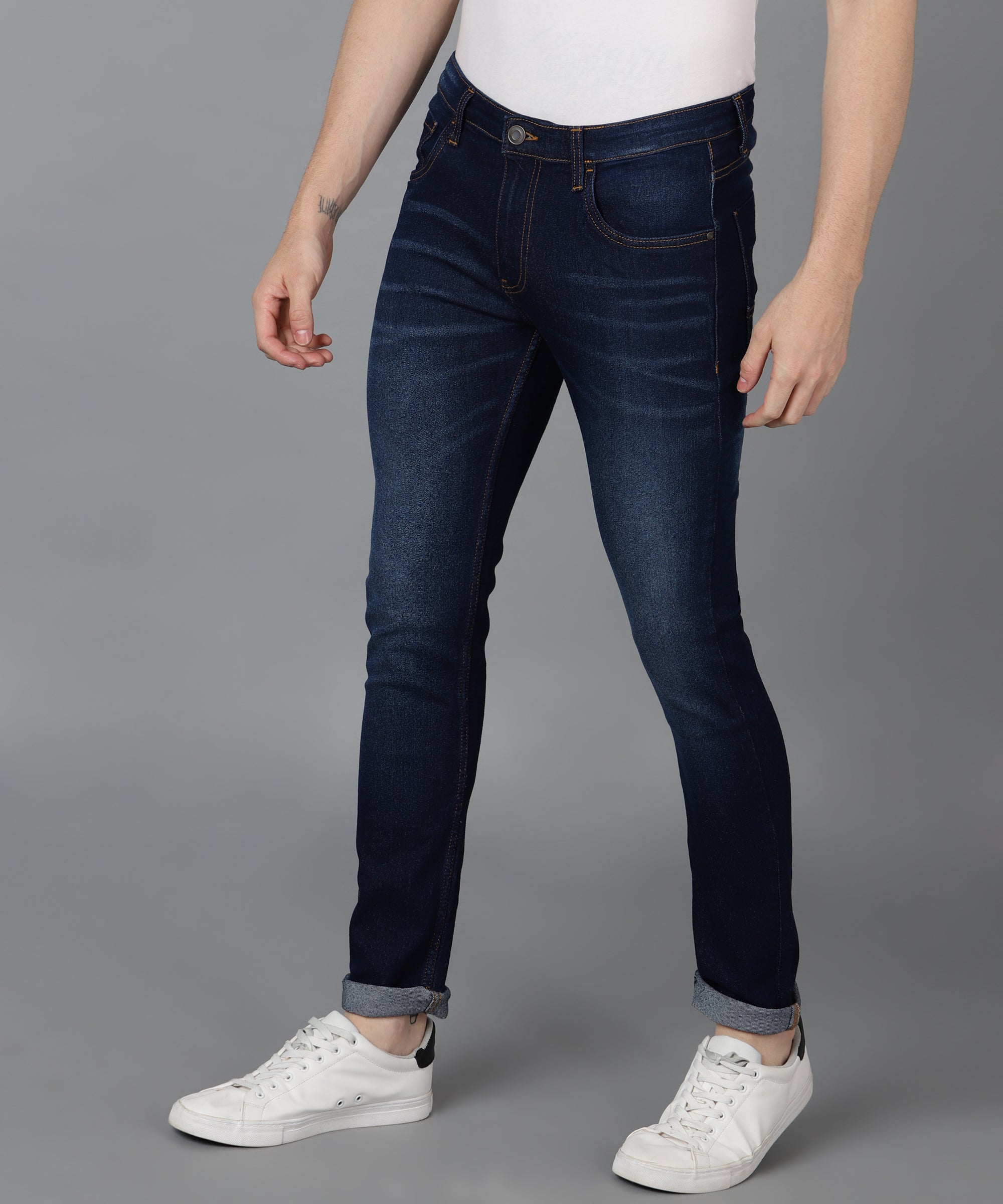 Men's Navy Skinny Fit Washed Jeans Stretchable
