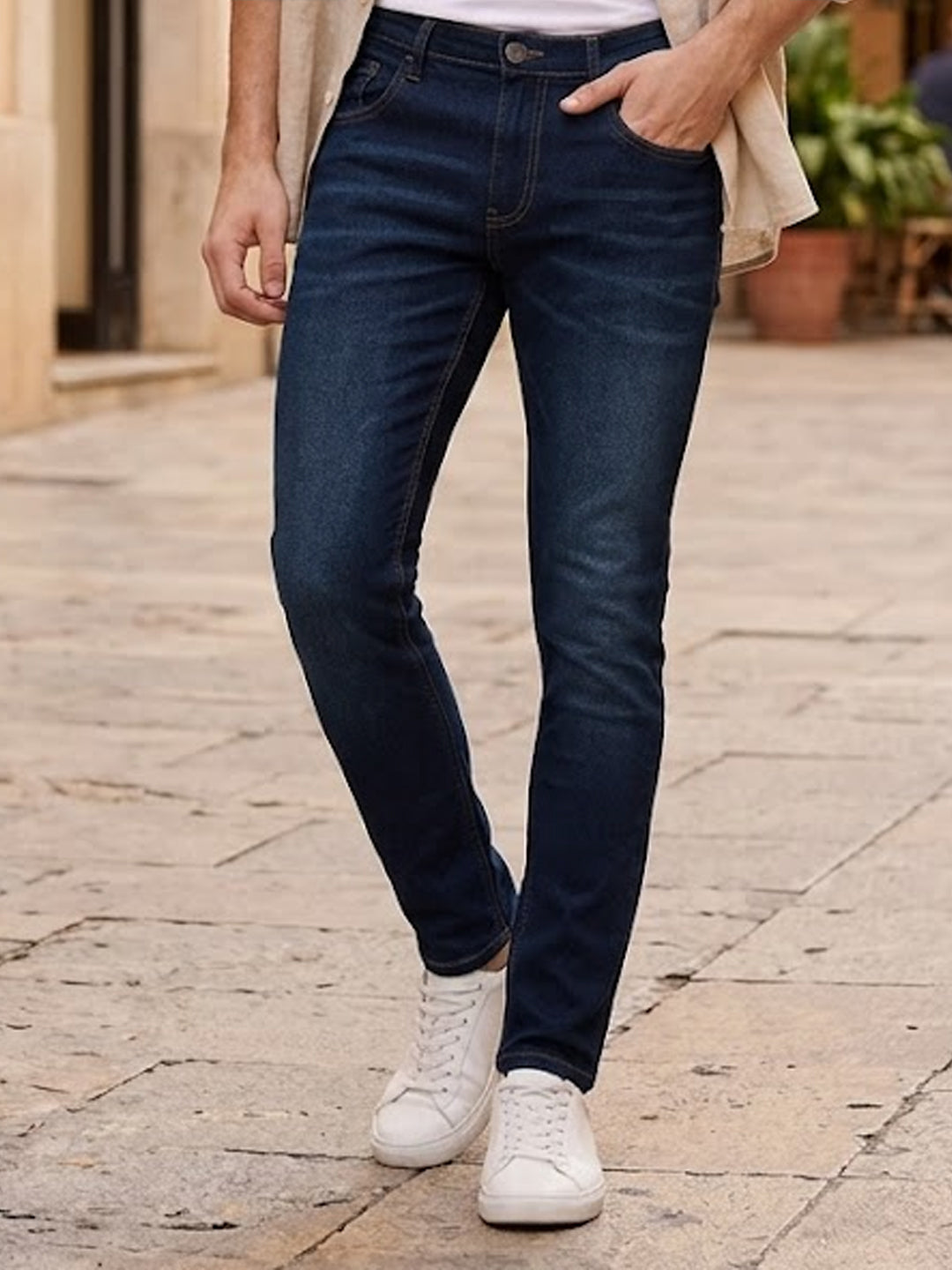 Men's Navy Skinny Fit Washed Jeans Stretchable