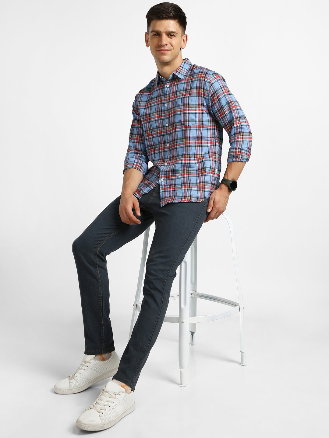 Men's Light Blue Cotton Full Sleeve Slim Fit Casual Checkered Shirt