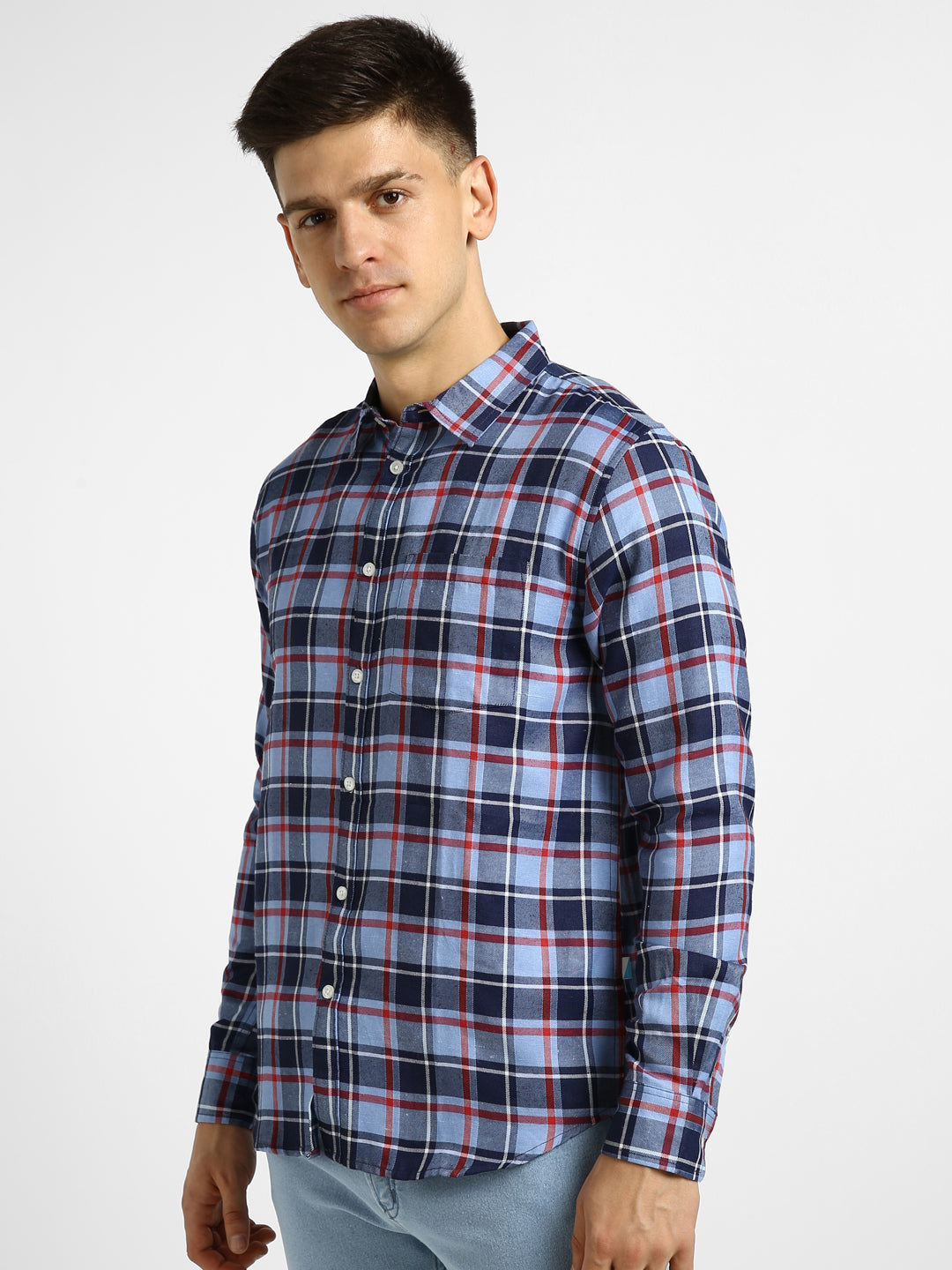 Men's Blue Cotton Full Sleeve Slim Fit Casual Checkered Shirt