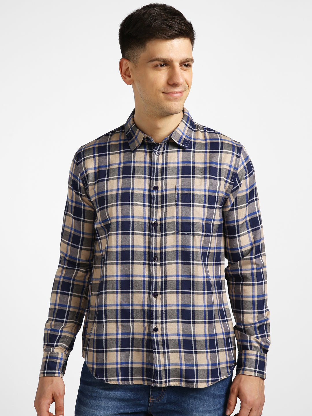 Men's Khaki Cotton Full Sleeve Slim Fit Casual Checkered Shirt