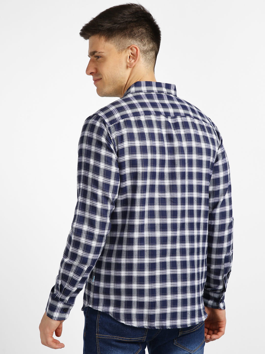 Men's Blue Cotton Full Sleeve Slim Fit Casual Checkered Shirt