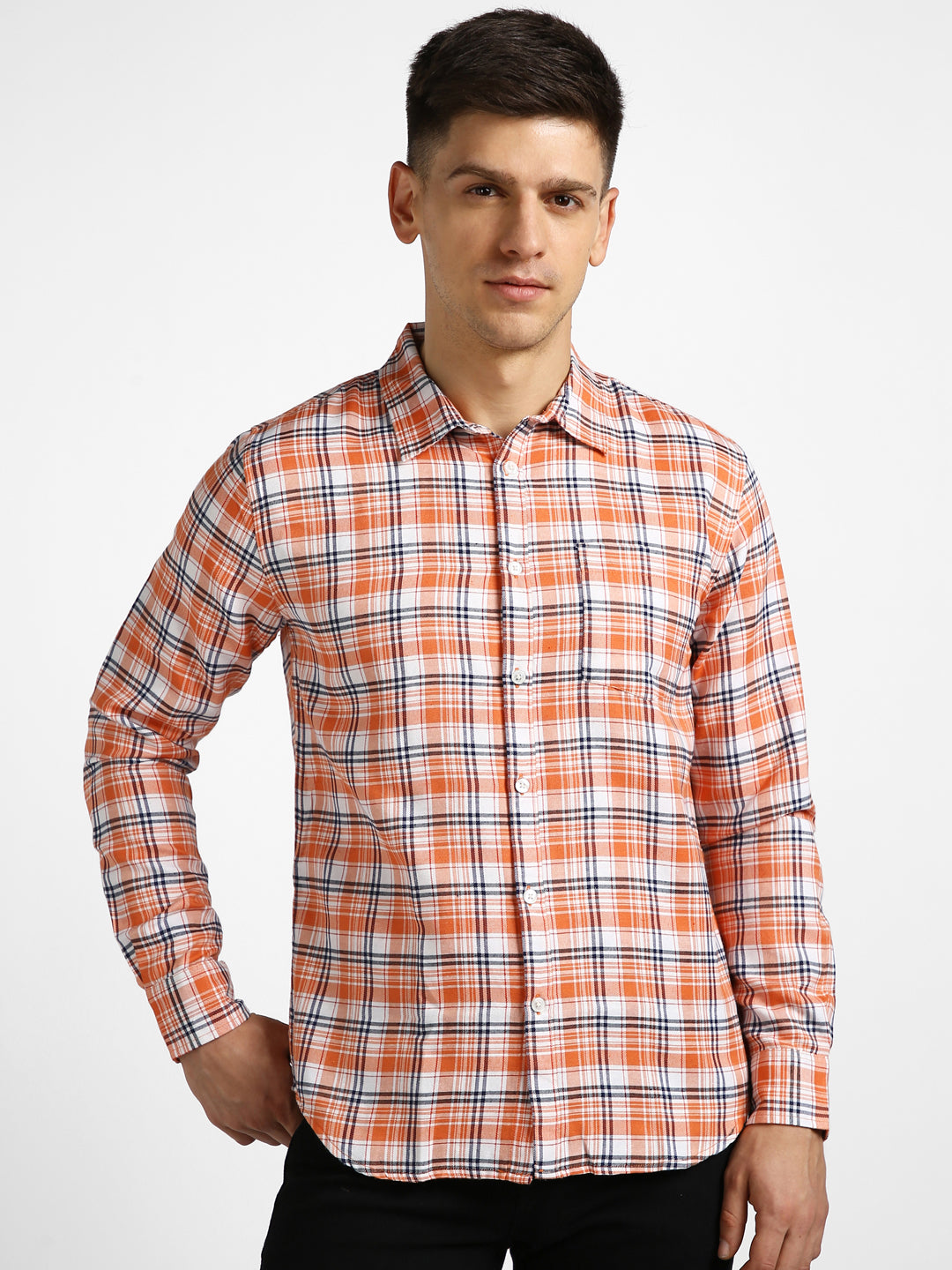 Men's Orange Cotton Full Sleeve Slim Fit Casual Checkered Shirt