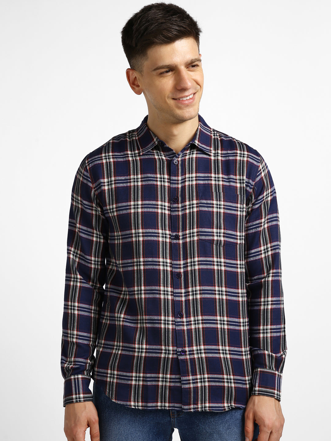Men's Navy Blue Cotton Full Sleeve Slim Fit Casual Checkered Shirt