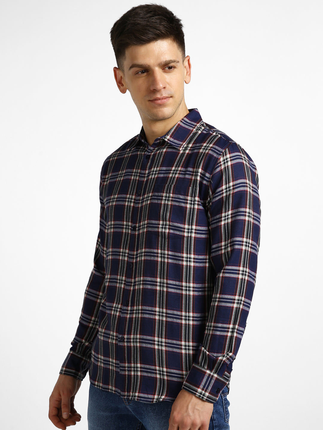 Urbano Fashion Men's Navy Blue Cotton Full Sleeve Slim Fit Casual Checkered Shirt
