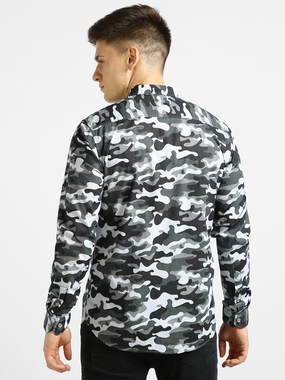 Men's Grey Cotton Full Sleeve Slim Fit Casual Camouflage Printed Shirt