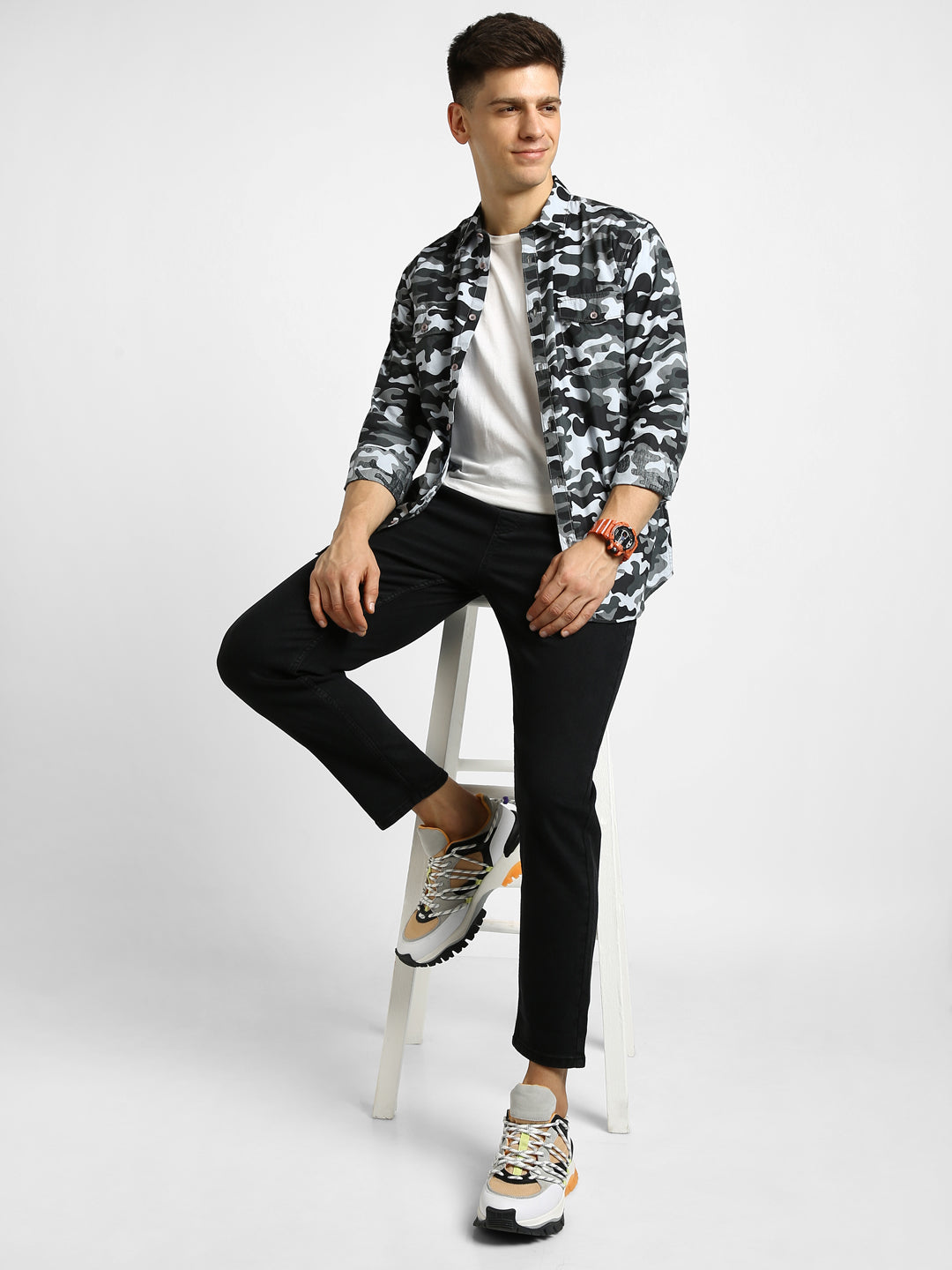 Men's Grey Cotton Full Sleeve Slim Fit Casual Camouflage Printed Shirt