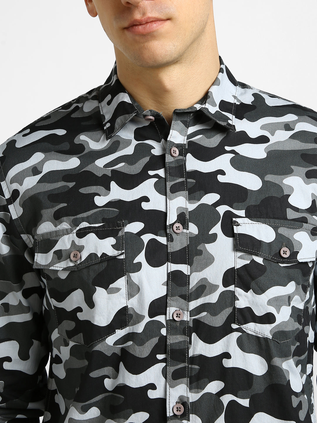 Men's Grey Cotton Full Sleeve Slim Fit Casual Camouflage Printed Shirt