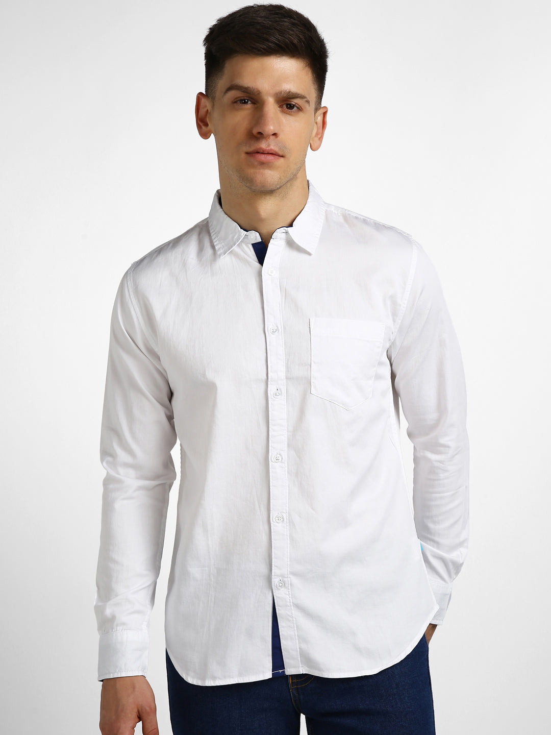 Men's White Cotton Full Sleeve Slim Fit Casual Solid Shirt