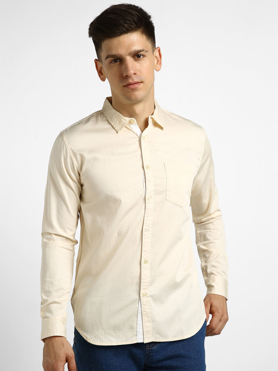Men's Beige Cotton Full Sleeve Slim Fit Casual Solid Shirt