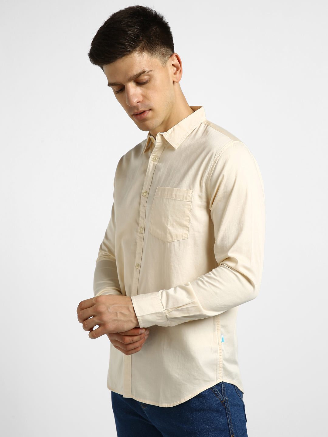 Urbano Fashion Men's Beige Cotton Full Sleeve Slim Fit Casual Solid Shirt