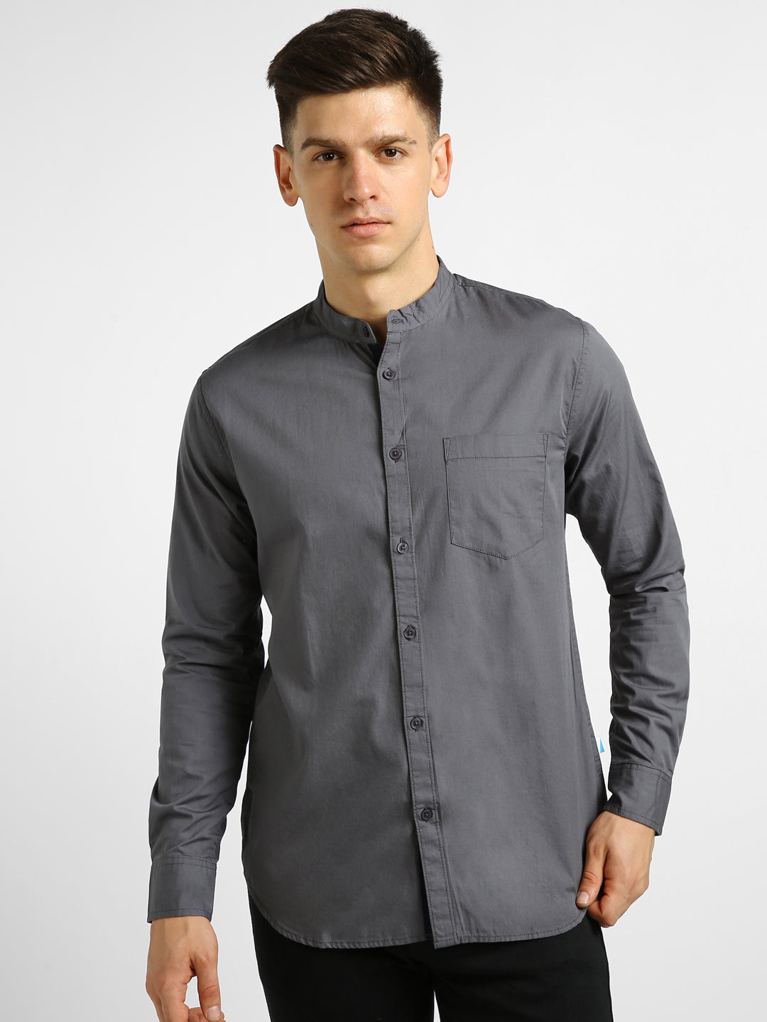 Men's Grey Cotton Full Sleeve Slim Fit Solid Shirt with Mandarin Collar