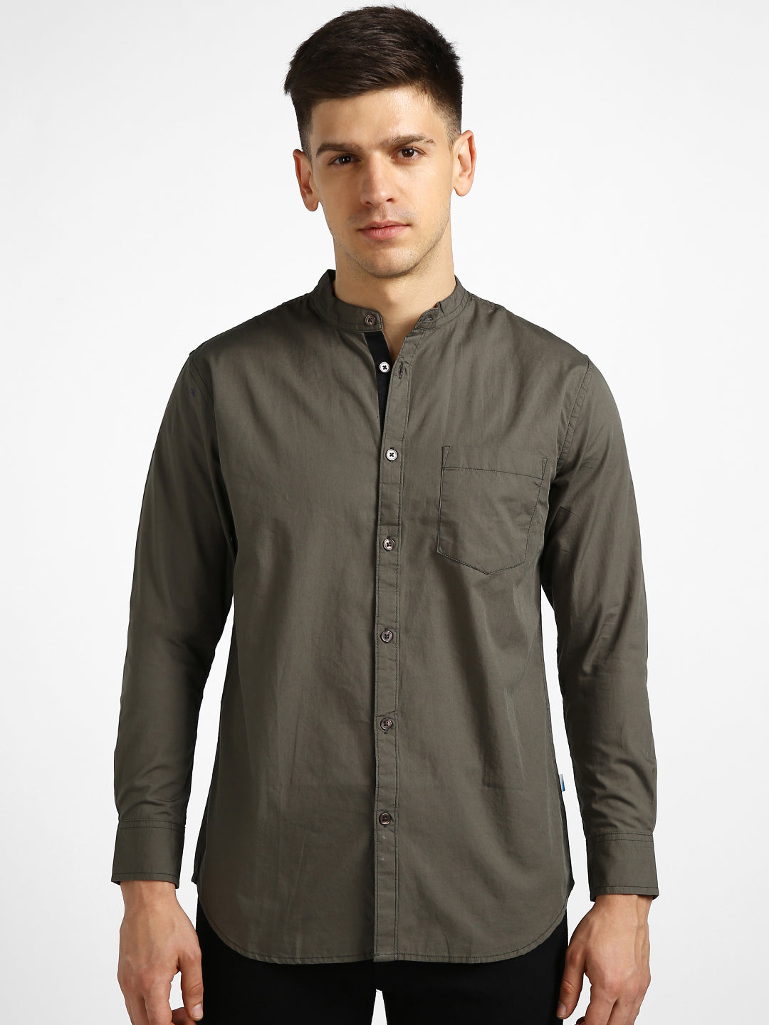Men's Olive Cotton Full Sleeve Slim Fit Solid Shirt with Mandarin Collar