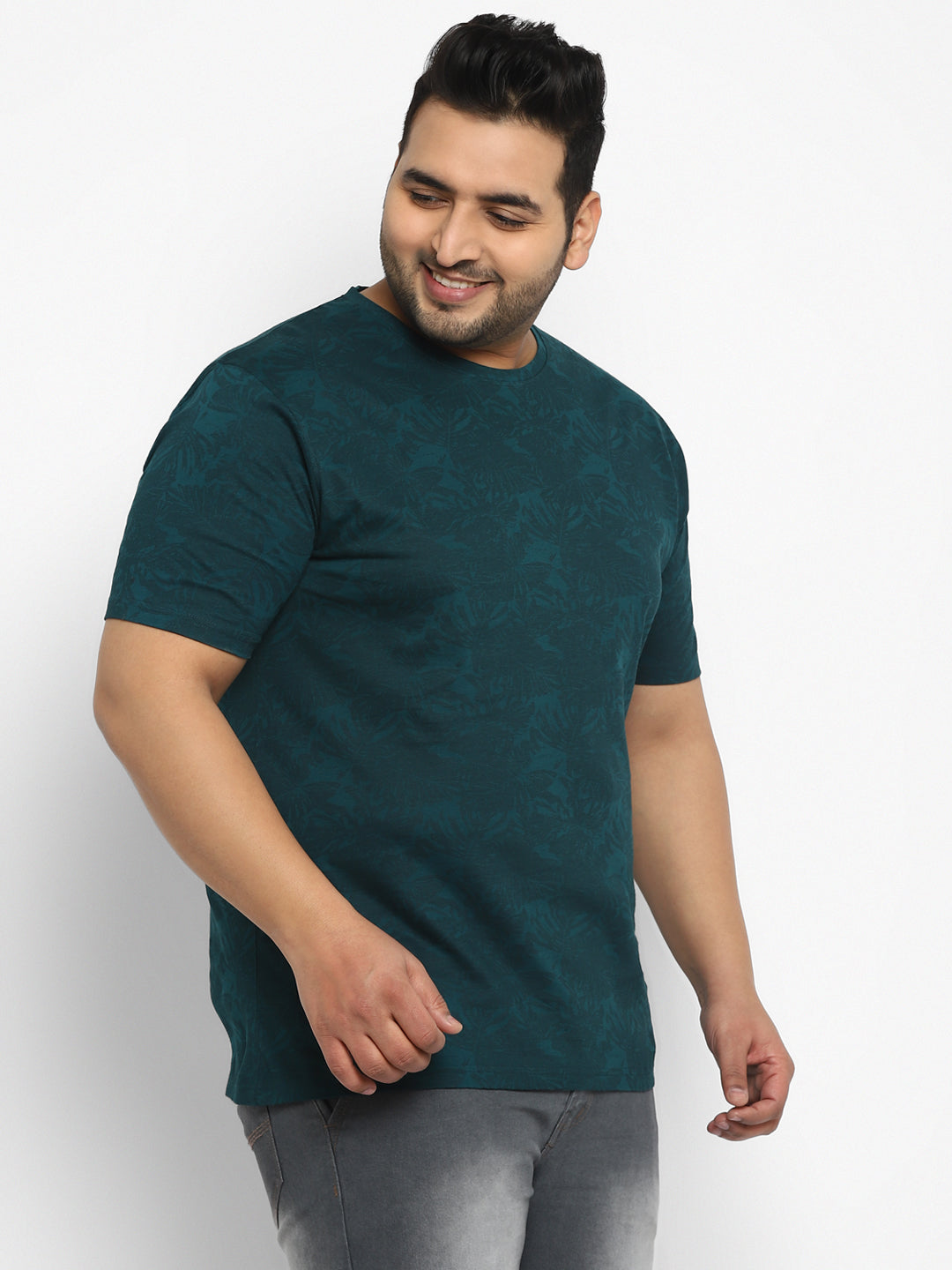 Plus Men's Dark Green Printed Half Sleeve Regular Fit Cotton T-Shirt