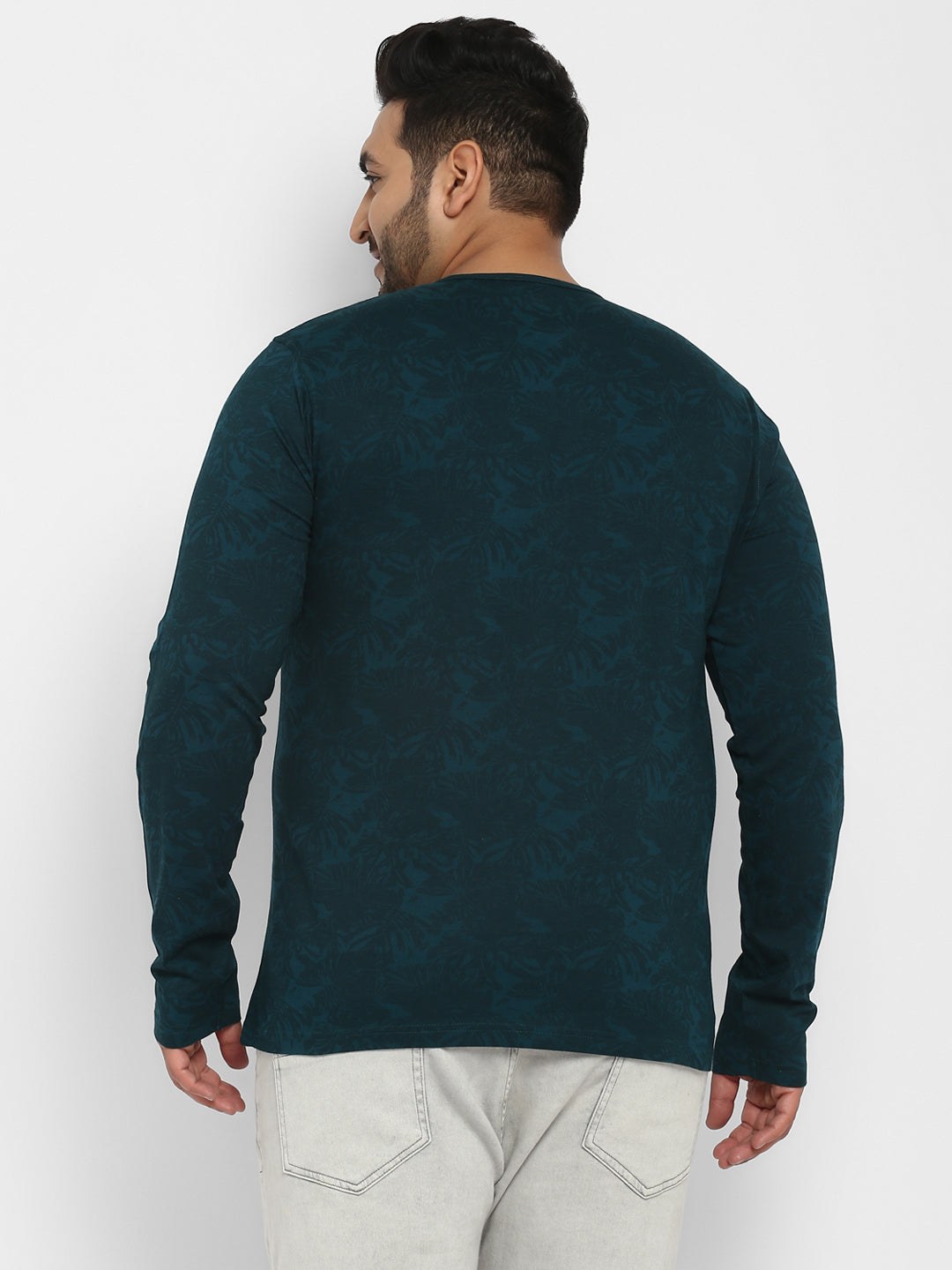 Plus Men's Dark Green Printed Regular Fit Henley Neck Full Sleeve Cotton T-Shirt