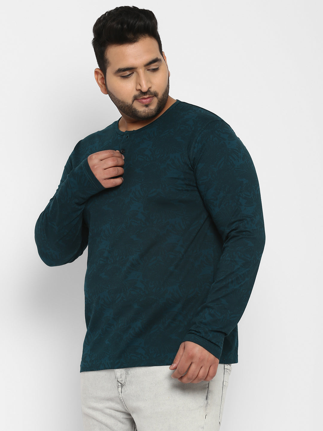 Plus Men's Dark Green Printed Regular Fit Henley Neck Full Sleeve Cotton T-Shirt