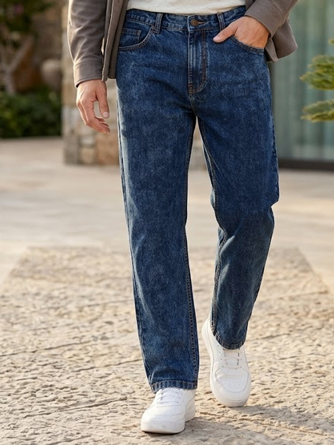 Plus Men's Dark Blue Regular Fit Washed Jeans Stretchable