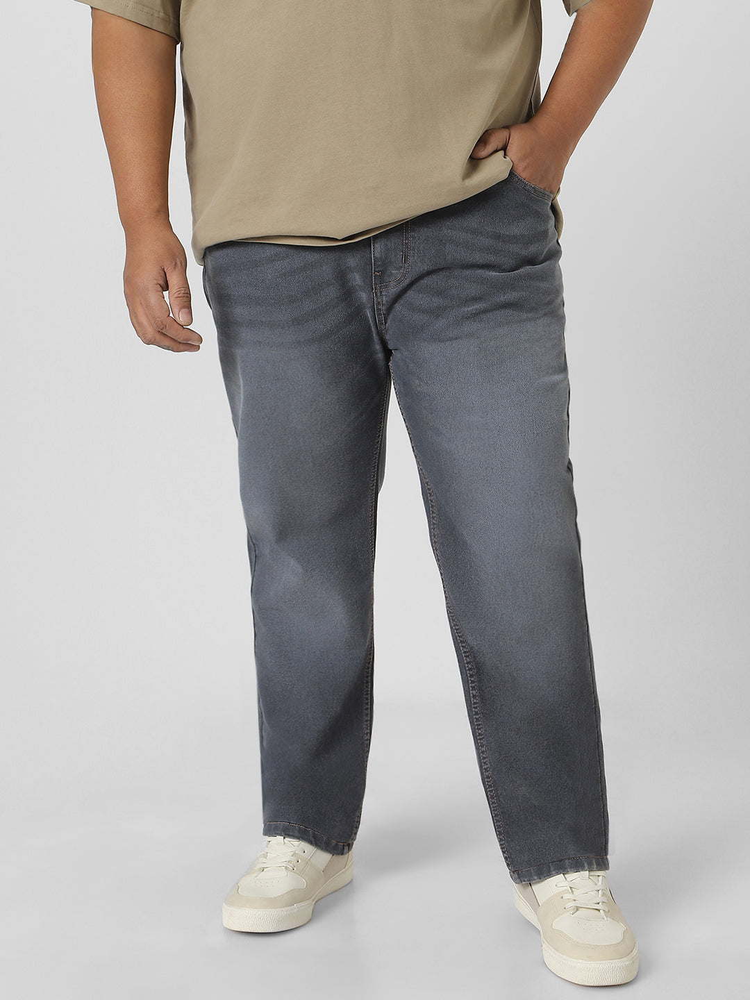 Plus Men's Grey Regular Fit Washed Jeans Stretchable