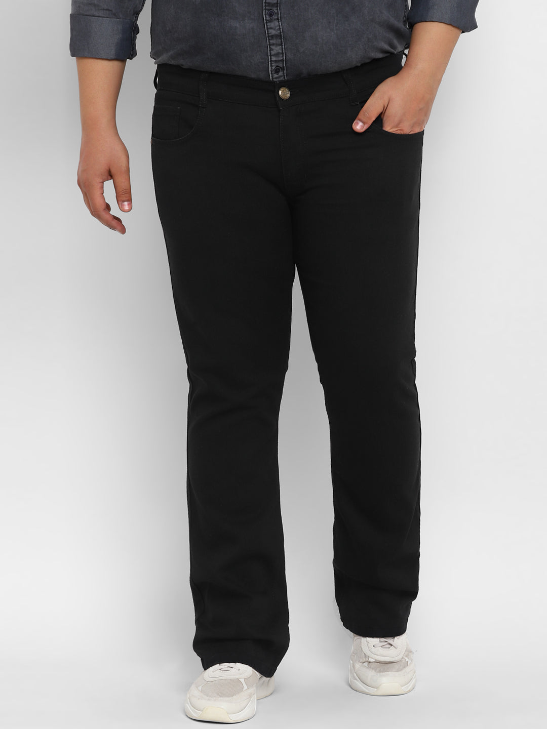 Plus Men's Black Regular Fit Washed Denim Bootcut Jeans Stretchable