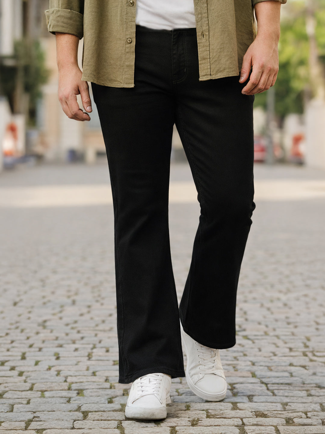 Plus Men's Black Regular Fit Washed Denim Bootcut Jeans Stretchable