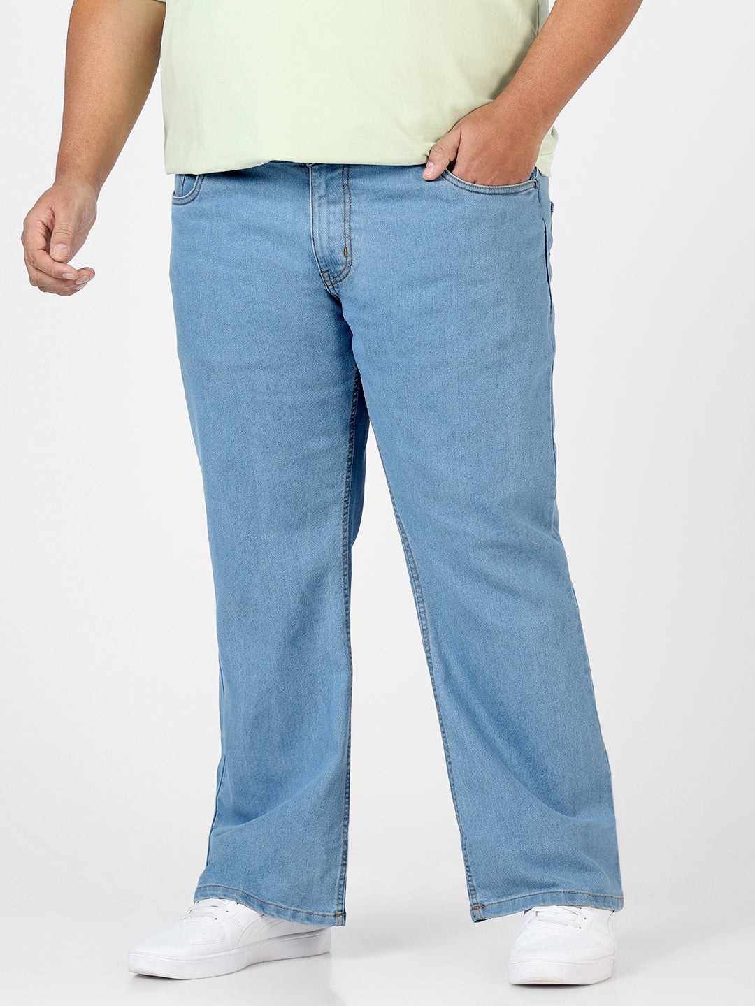 Plus Men's Ice Blue Regular Fit Washed Denim Bootcut Jeans Stretchable