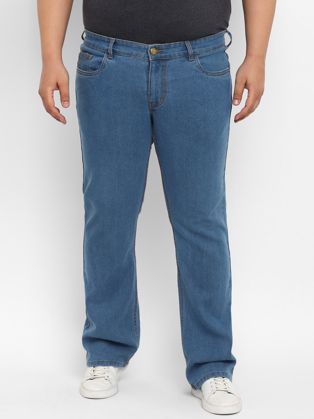 Plus Men's Light Blue Regular Fit Washed Denim Bootcut Jeans Stretchable