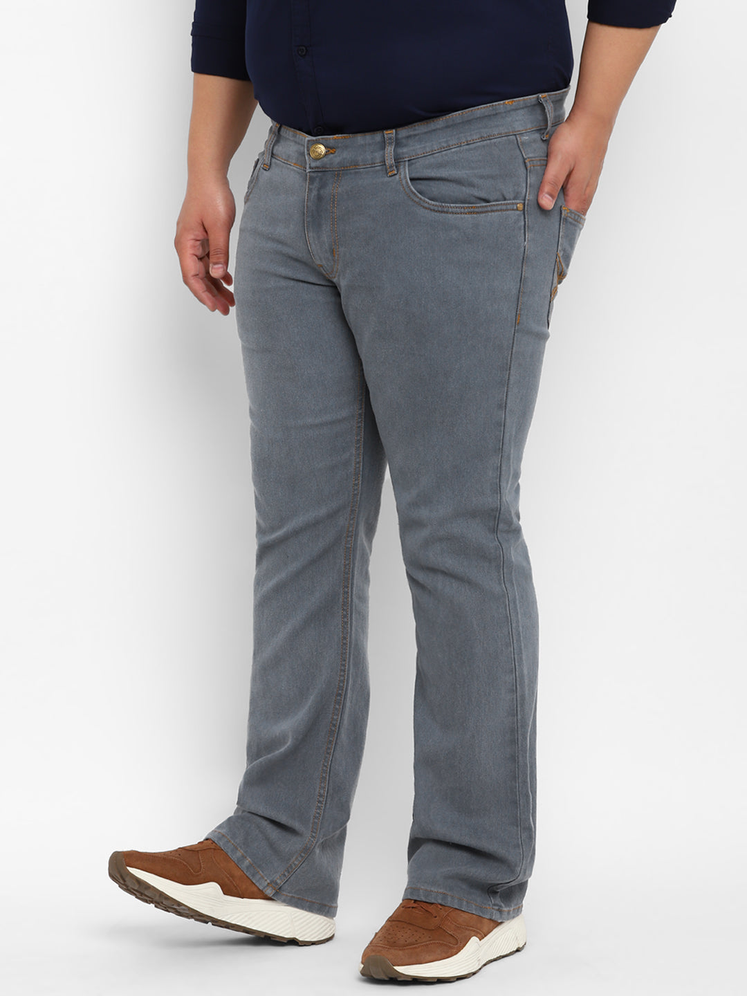 Plus Men's Light Grey Regular Fit Washed Denim Bootcut Jeans Stretchable