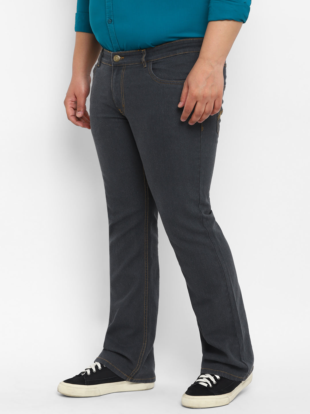Plus Men's Grey Regular Fit Washed Denim Bootcut Jeans Stretchable