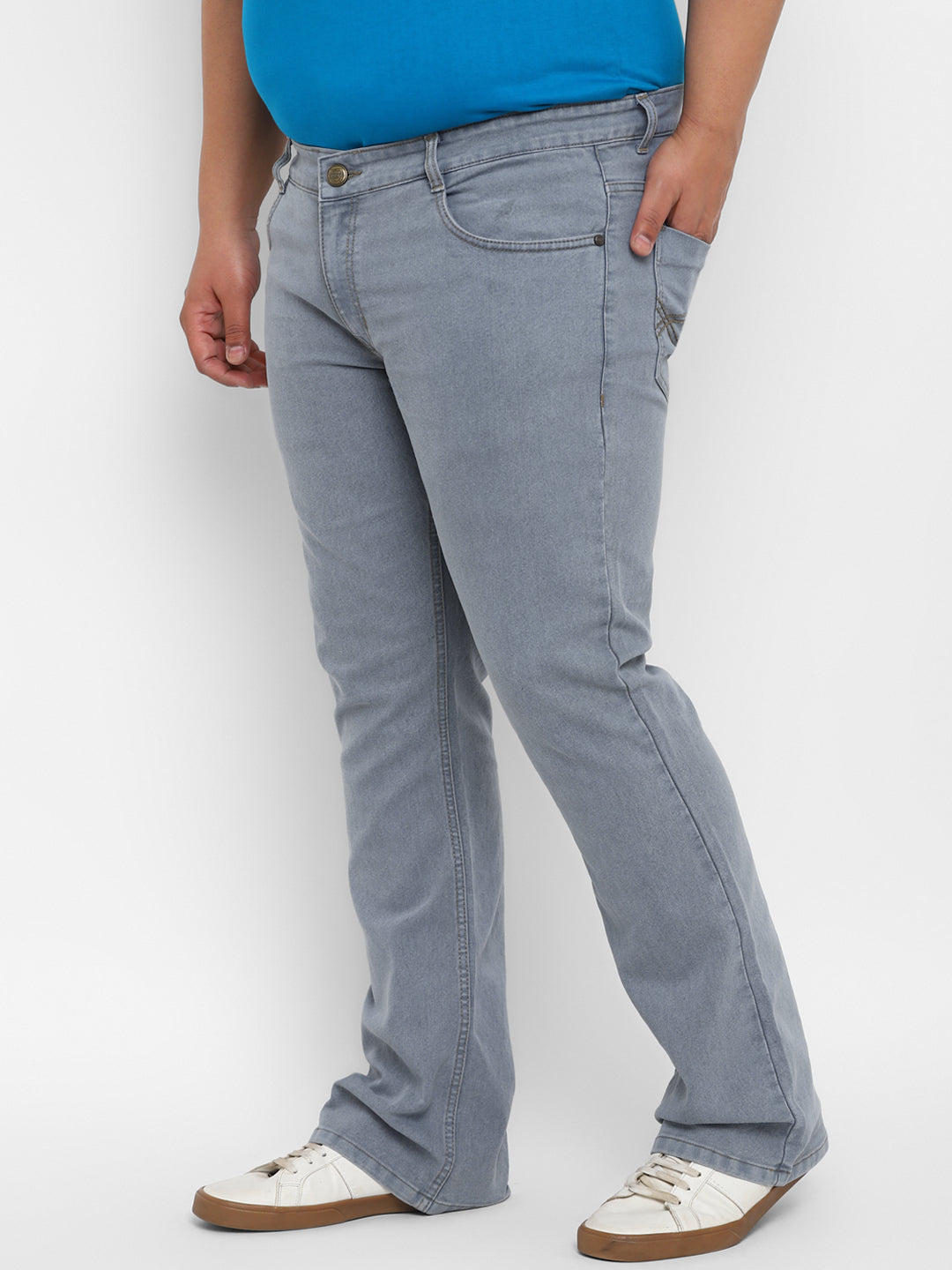 Plus Men's Light Grey Regular Fit Washed Denim Bootcut Jeans Stretchable