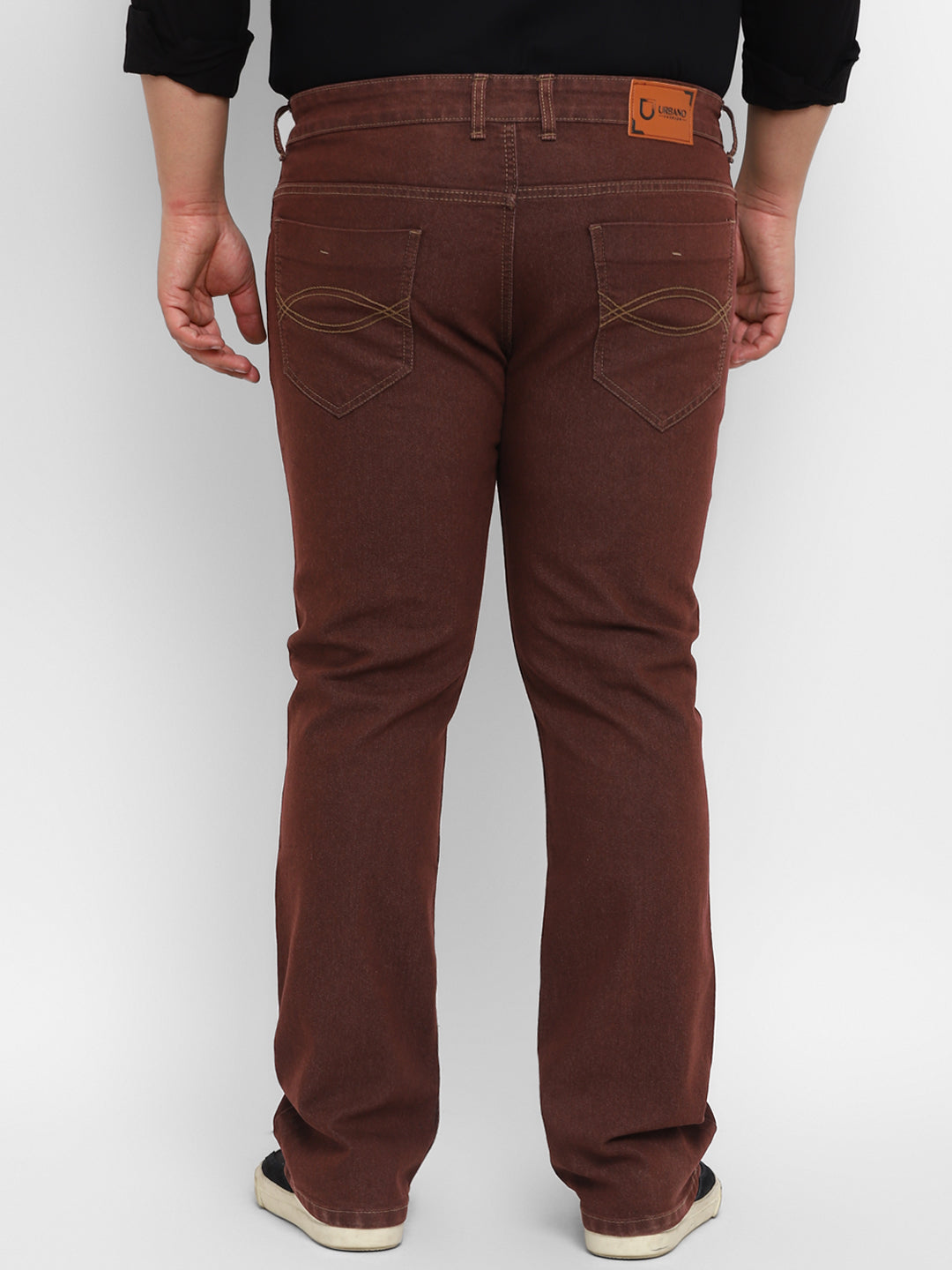 Plus Men's Brown Regular Fit Washed Denim Bootcut Jeans Stretchable