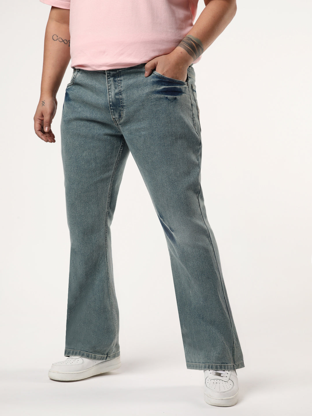 Plus Men's Ice Blue Bootcut Fit Mid Rise Acid Wash Jeans Stretchable
