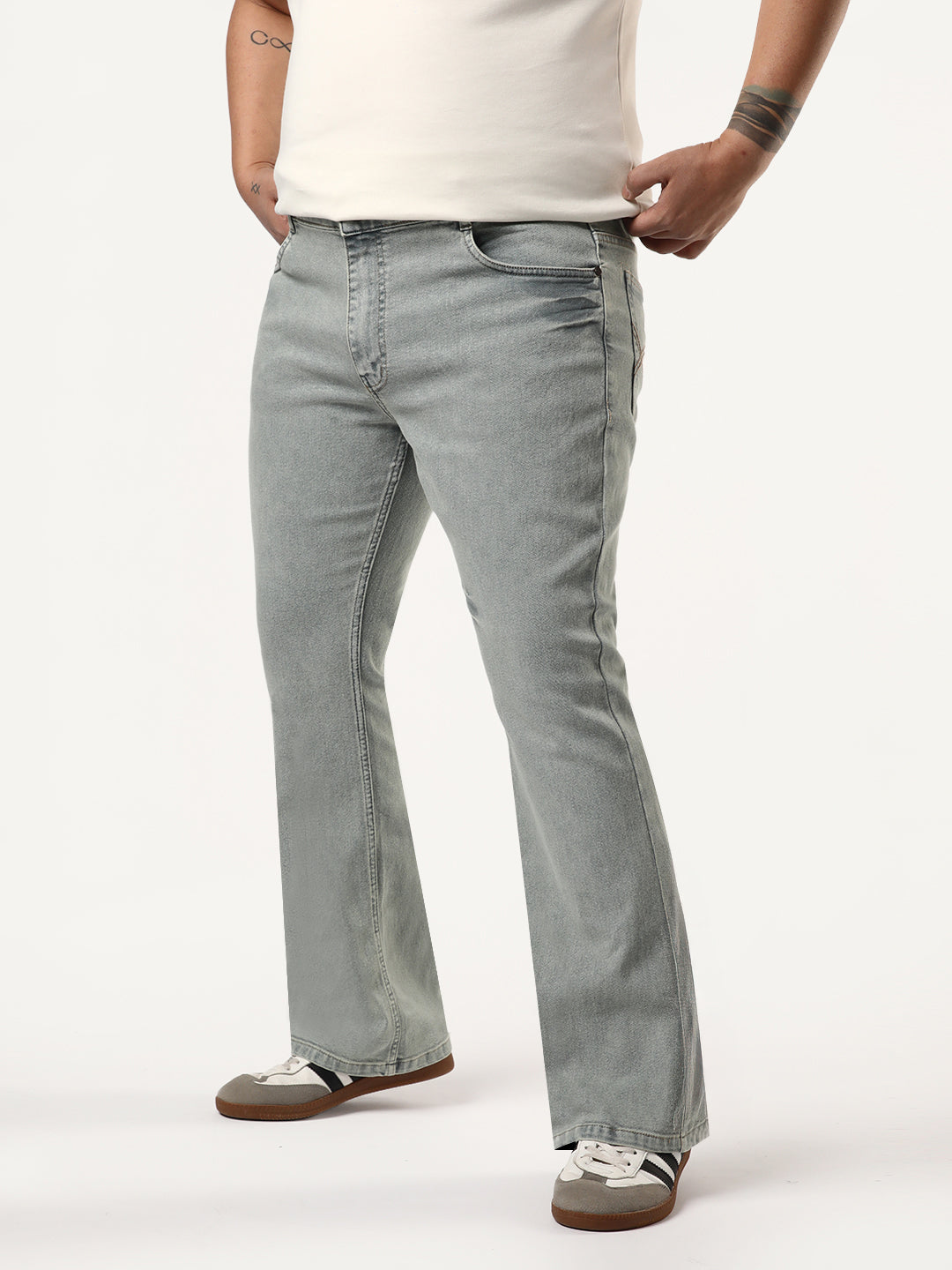 Plus Men's Ice Grey Bootcut Fit Mid Rise Acid Wash Jeans Stretchable