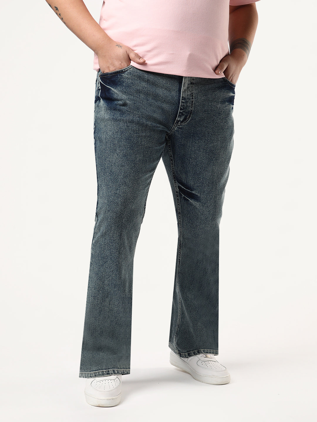 Plus Men's Light Blue Bootcut Fit Mid Rise Acid Wash Jeans Stretchable