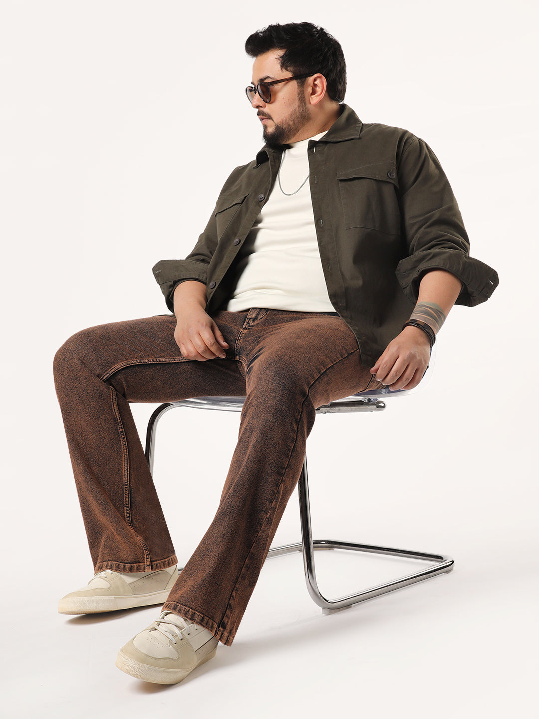 Plus Men's Light Brown Bootcut Fit Mid Rise Acid Wash Jeans Stretchable