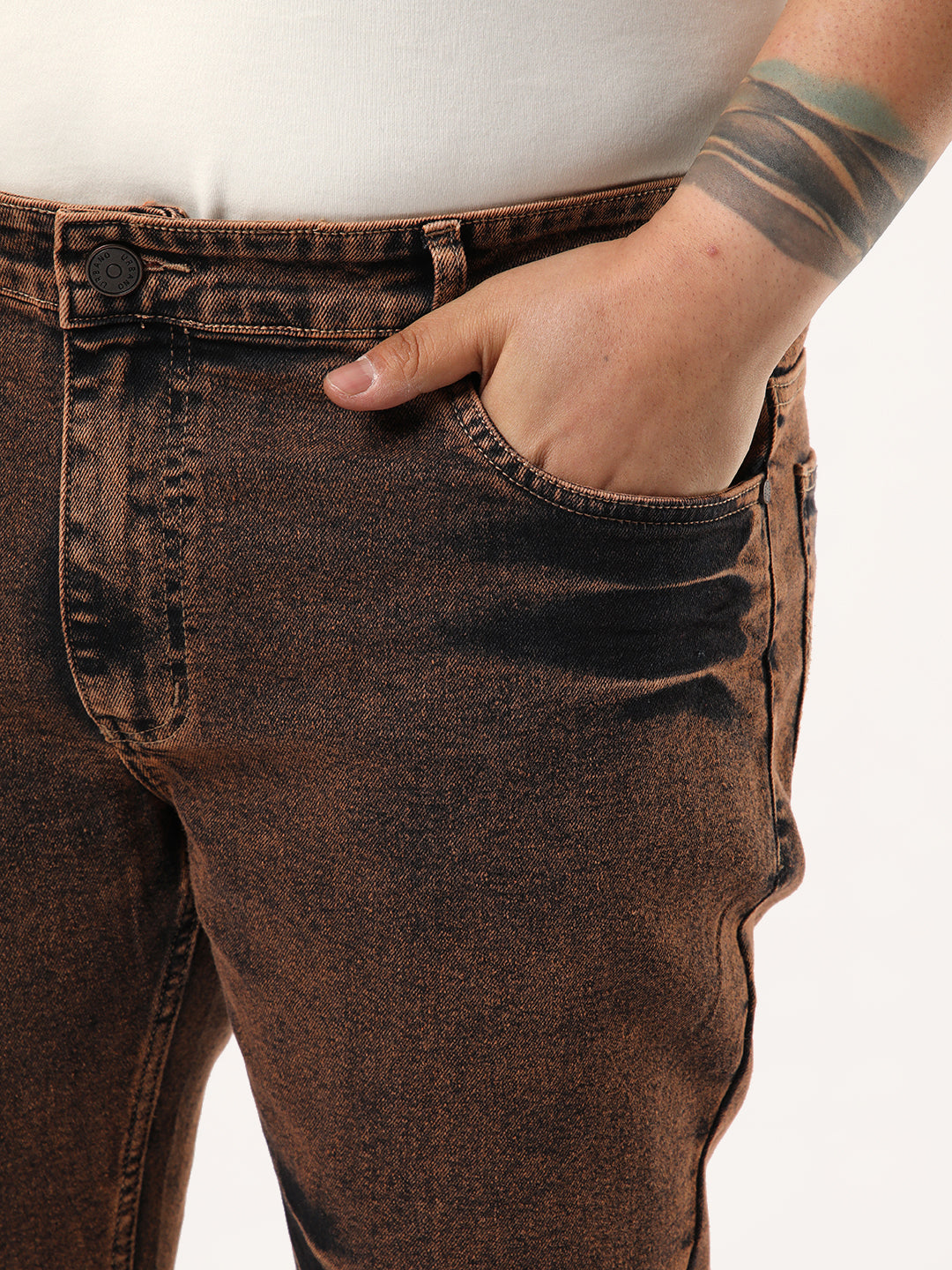 Plus Men's Light Brown Bootcut Fit Mid Rise Acid Wash Jeans Stretchable