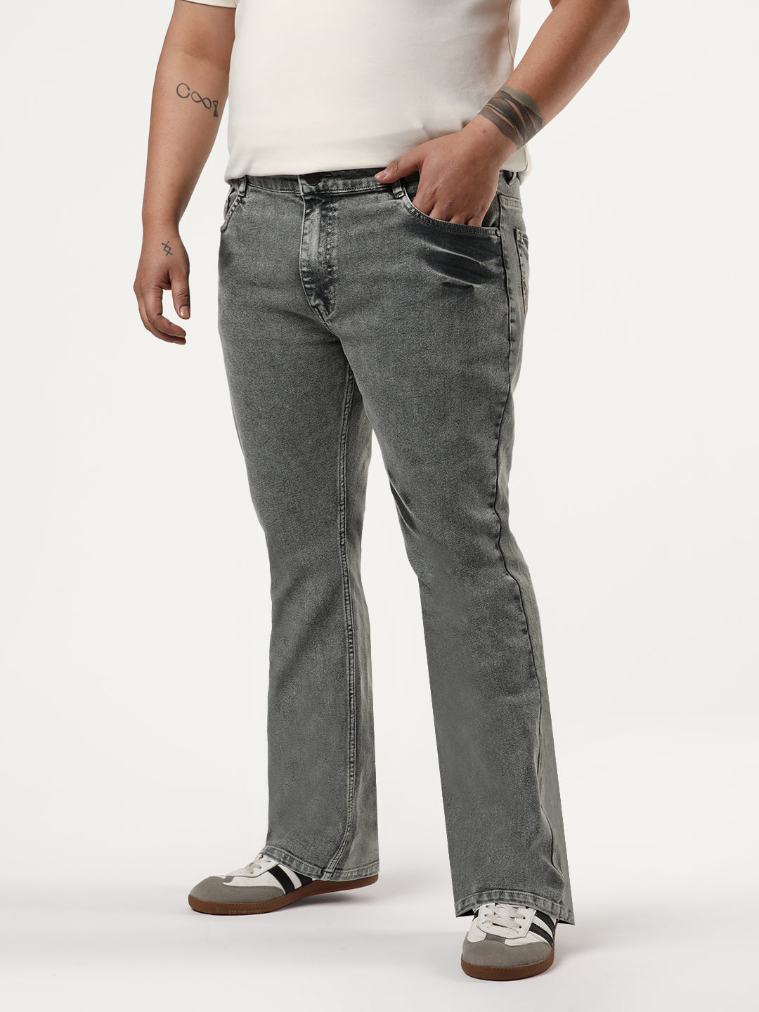Plus Men's Light Grey Bootcut Fit Mid Rise Acid Wash Jeans Stretchable