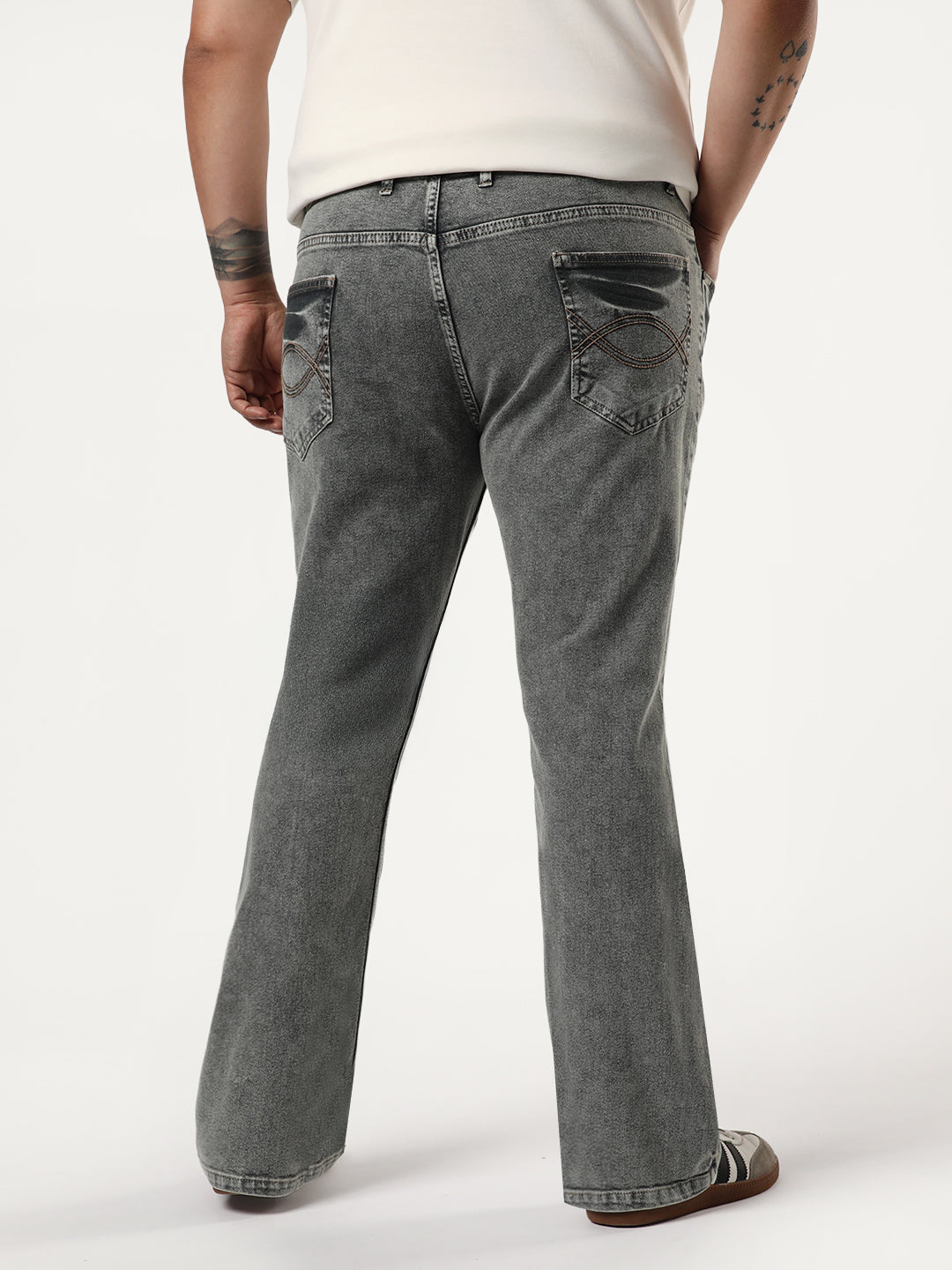 Plus Men's Light Grey Bootcut Fit Mid Rise Acid Wash Jeans Stretchable