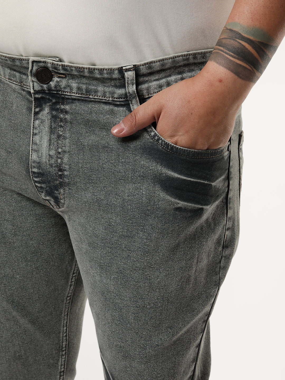Plus Men's Light Grey Bootcut Fit Mid Rise Acid Wash Jeans Stretchable