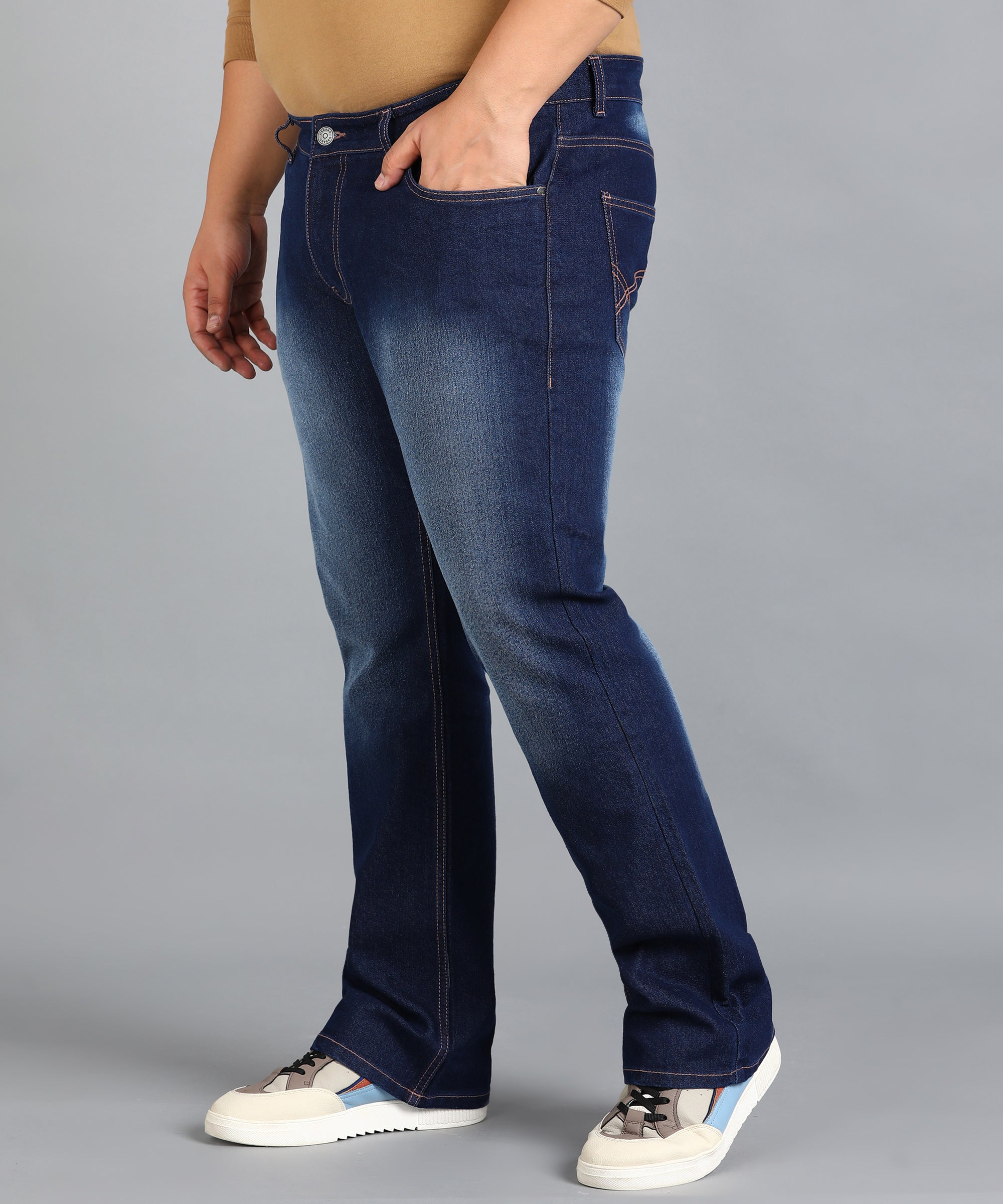 Plus Men's Dark Blue Washed Bootcut Jeans Stretchable