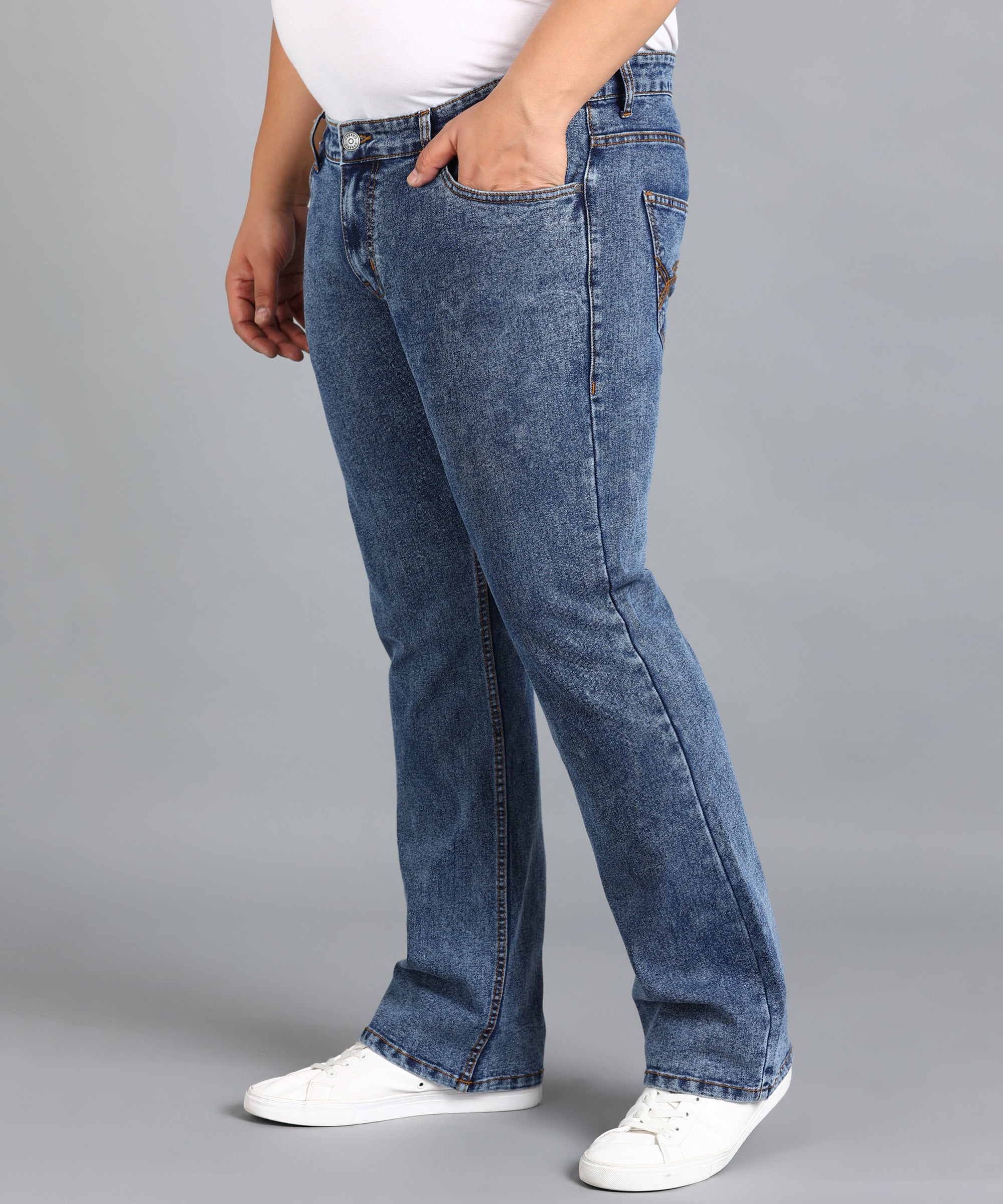 Plus Men's Blue Washed Bootcut Jeans Stretchable