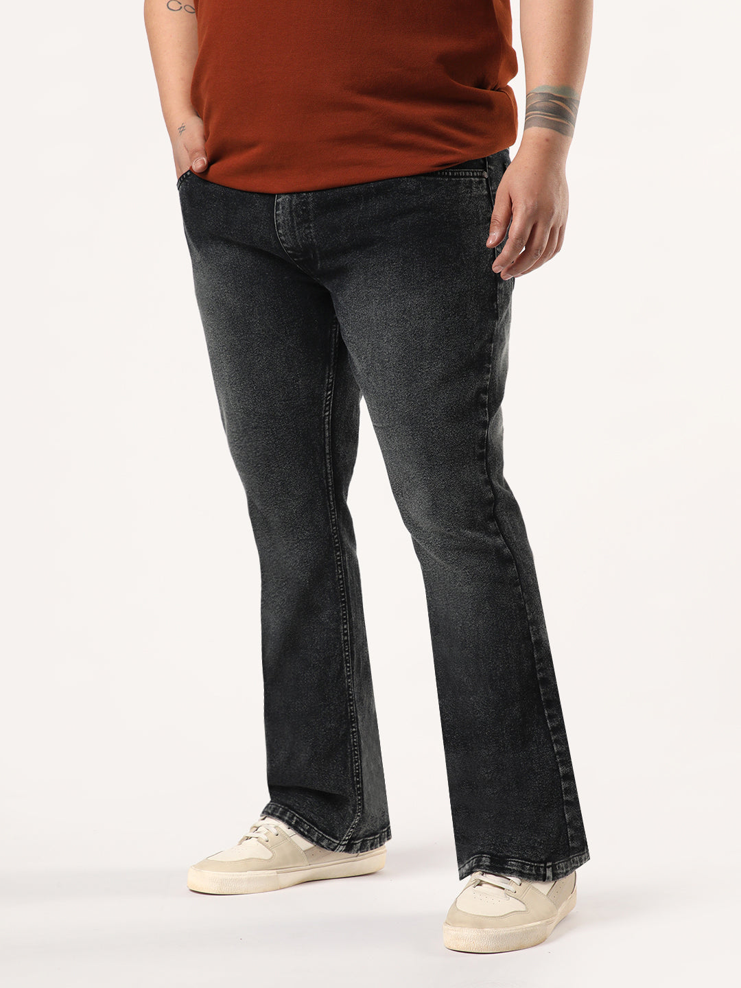 Plus Men's Black Bootcut Fit Mid Rise Tinted Heavy Washed Jeans Stretchable