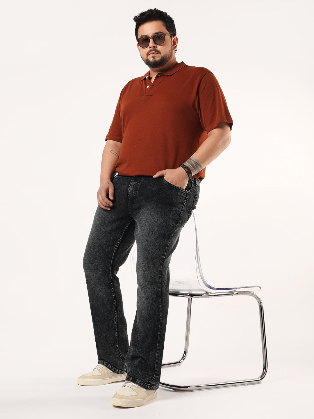 Plus Men's Black Bootcut Fit Mid Rise Tinted Heavy Washed Jeans Stretchable