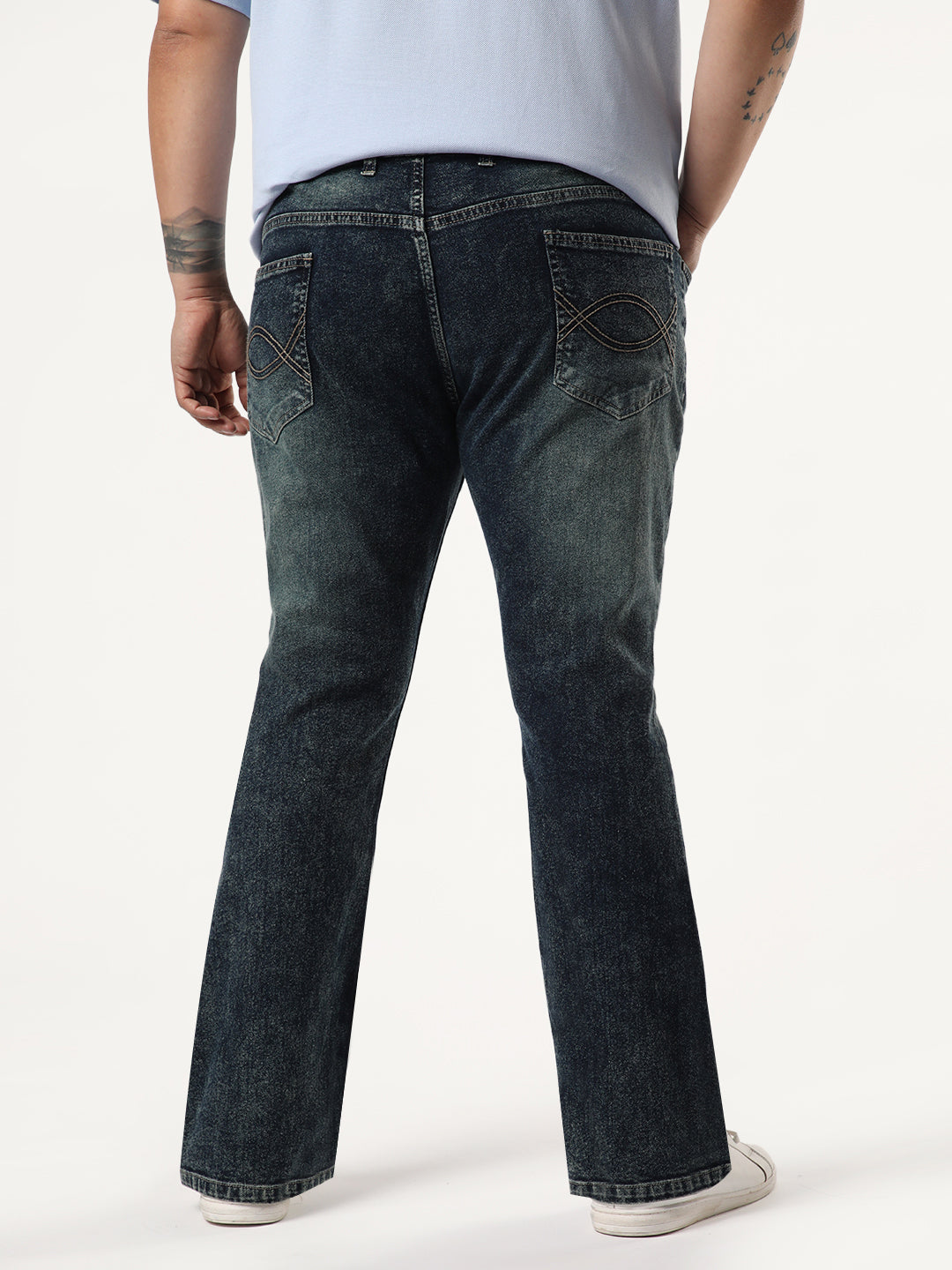 Plus Men's Dark Blue Bootcut Fit Mid Rise Tinted Heavy Washed Jeans Stretchable
