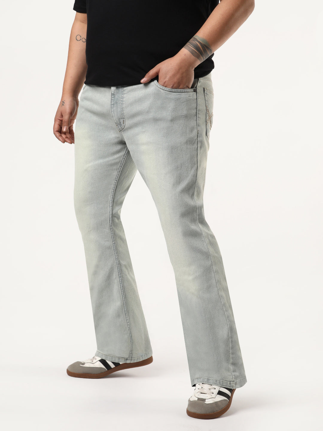 Plus Men's Ice Grey Bootcut Fit Mid Rise Tinted Heavy Washed Jeans Stretchable